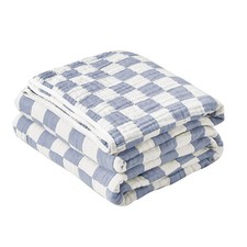 6-Layer Gauze Muslin Blanket 100 Cotton Blue Checkerboard King Size 90"x104"...