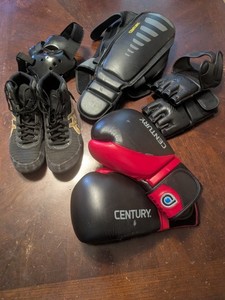 CENTURY DRIVE Boxing Gloves & Shin Guards Black/Red Size 8.5, Sanabul MMA Gloves