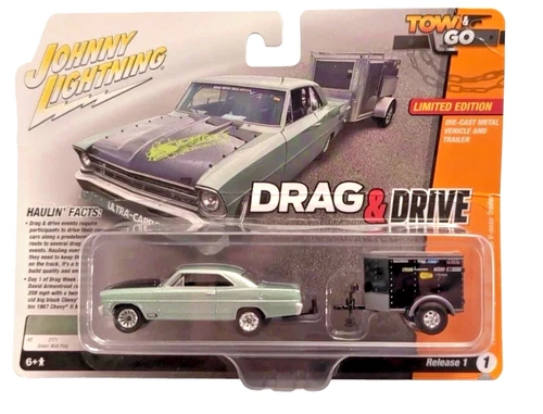 Johnny Lightning Drag & Drive 1967 Chevy II Nova With Trailer Tow & Go