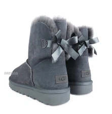 UGG Mini Bailey Bow II Grey Suede Fur Boots Womens Size 7 -NIB-