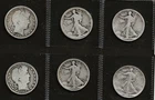 Six Barber & Walking Liberty Half Dollars G/Better