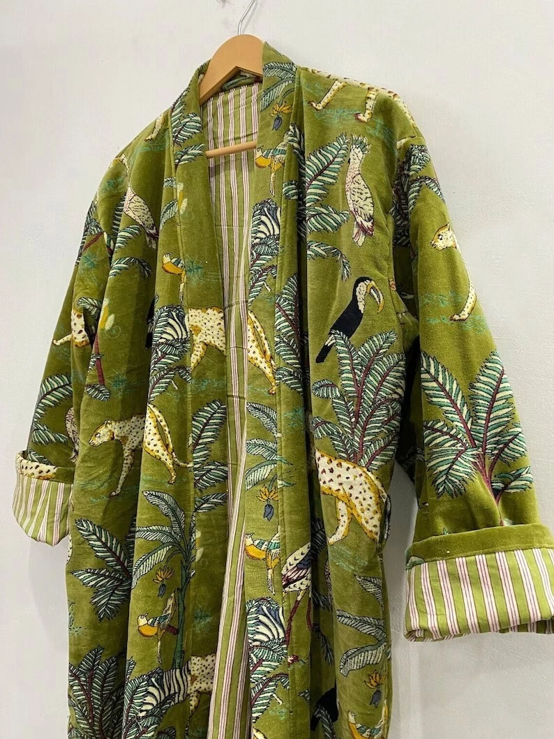 Green Jungle Print Velvet Kimono Robes, Morning Tea Velvet Coat, Bridesmaid Robe