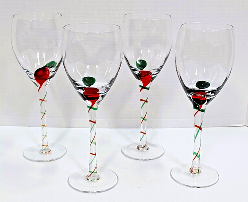Pier 1 Red Green Drop Wine Glasses Swirl Stem Barware 9" Art Glass Set of 4