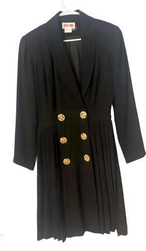 Vintage Black Pleated Blazer Dress with Gold Buttons / Shoulder Pads - 第 1/7 張圖片