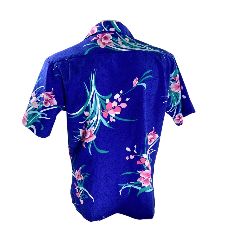 Camisa Hawaiana Vintage Hilo Hattie Flores Tropicales Azul Rosa Verde Foto 4 de 4