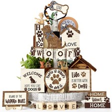 Mifoci 16 Pcs Dog Tiered Tray Decor Cute Dog Signs Home Decor Wooden Woof Dec...