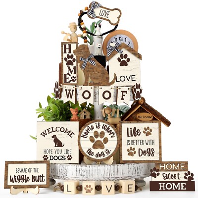 Mifoci 16 Pcs Dog Tiered Tray Decor Cute Dog Signs Home Decor Wooden Woof Dec...