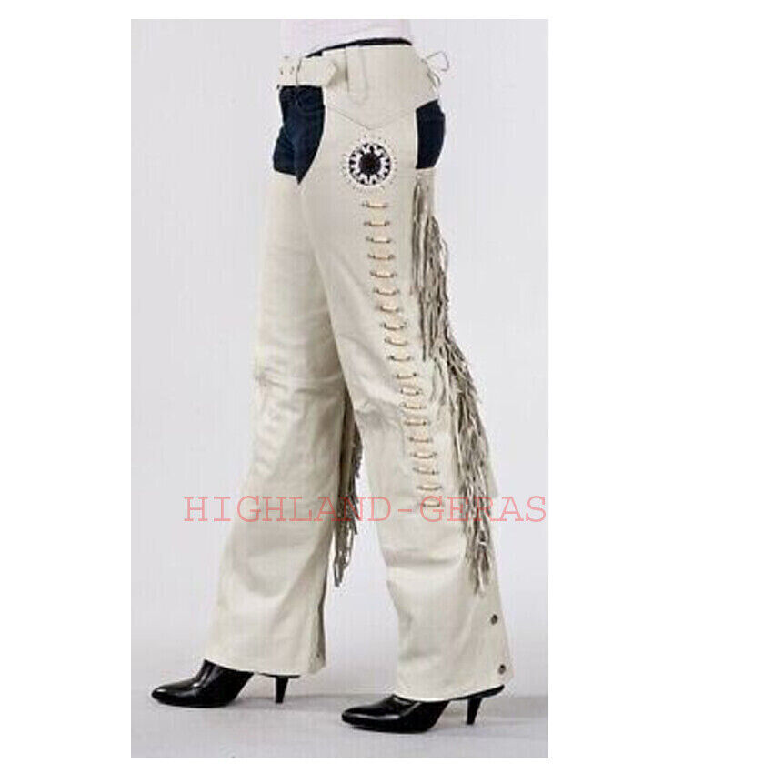 Women Western Wear Cowboy Leather Chaps White Beaded Bones Women Western Wear Cowboy Leather Chaps White Beaded Bones