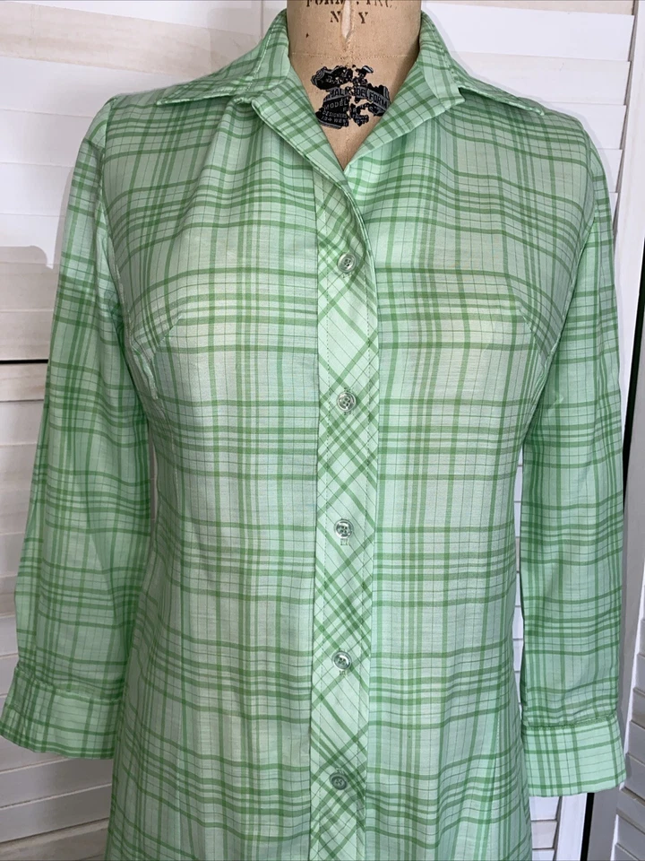 Vintage 60/70s Serbin Of Florida Shirt Dress Plaid Cotton Drop Waist Pleated Med - Image 2 of 4