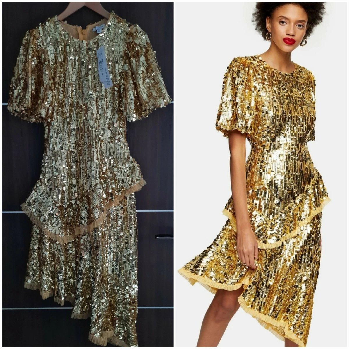 Topshop Gold Puff Sleeve Ruffle Sequin Midi Dress size 6 RRP 150