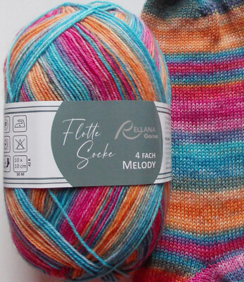 89,00  /kg - Sockenwolle 100g, pink-blau-orange, 4-fach, Rellana (Mel3024)