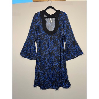 24seven Comfort Apparel Womens 3X Blue Black Damask Bell Sleeve Tunic Dress USA