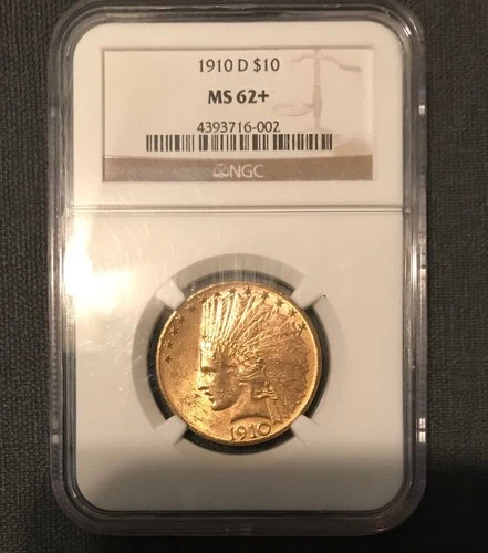 1910-D $10 INDIAN GOLD EAGLE MOTTO CERTIFIED NGC MS62+ DENVER GOLD!!