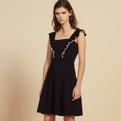Sandro Paris Tristan Ruffle Knit Dress Black Cream Contrast Trim Size 38 US 6