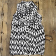 Lina Tomei Dress Women Blue Cream Geometric Shift Midi V-Neck Linen Casual Large