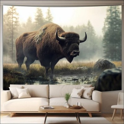 Vintage Stil Polyester Wandteppich mit Realistischem Bison im Wald