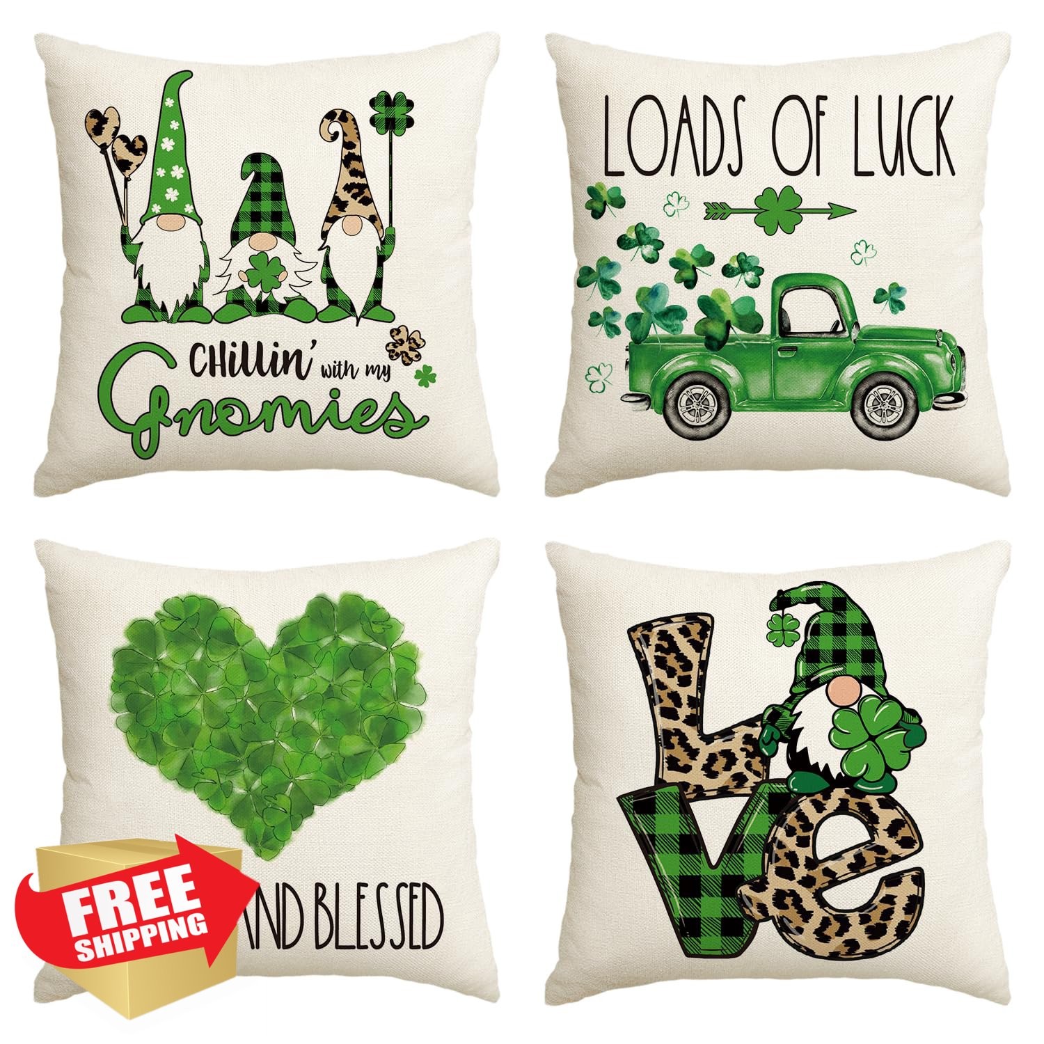 AVOIN 4pk St Patrick's Day Gnome Truck Shamrock Pillow Covers