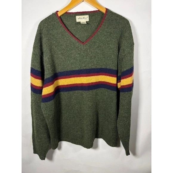 Eddie Bauer Mens XL V-Neck Sweater Wool Blend Striped Green Heathered Knit