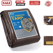 Tarps Heavy Duty Waterproof 16x16 Feet Brown/Bright Silver Poly Tarp Cover Sq...