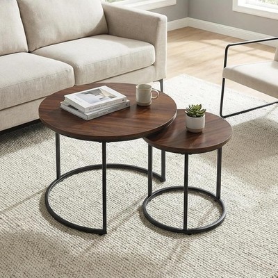 Round Nesting Coffee Table Set of 2 Modern Marble Pattern Wooden Nesting Tables