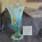 Fenton Aquamarine Stretch Glass Seahorse Vase 4353 N2 Signed Burkhart