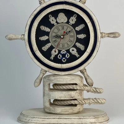 Nautical Ship Wheel Desk Clock Weathered White Wood Rope Pulley Base Maritime - Image 1 of 4