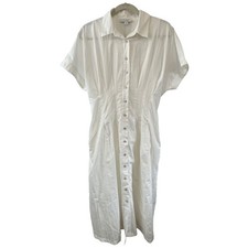 Ann Taylor Weekend Shirt Dress Womens 8 White Coastal Lined Pockets Midi Flared