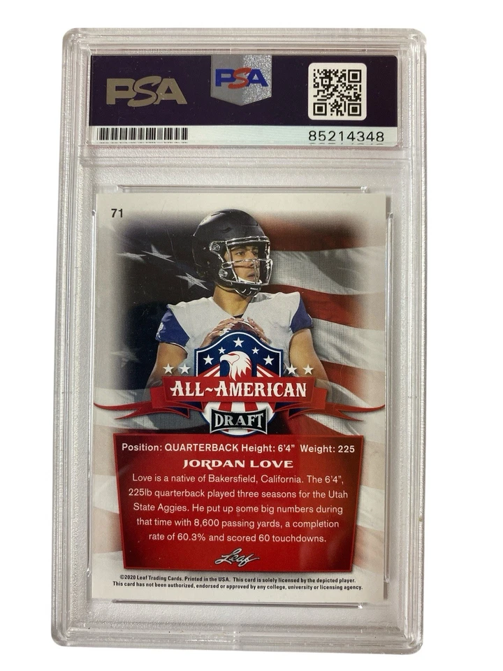 2020 Leaf All American Draft #71 Jordan Love Signed Rookie Card Utah State PSA - Image 2 of 2
