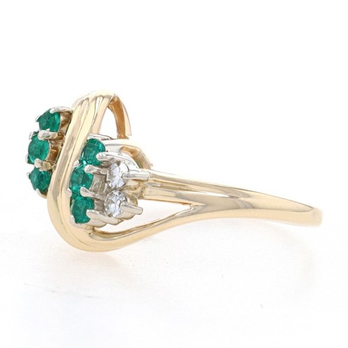 Yellow Gold Lab-Created Emerald & Diamond Cluster Bypass Ring - 14k Round .42ctw - Picture 3 of 9