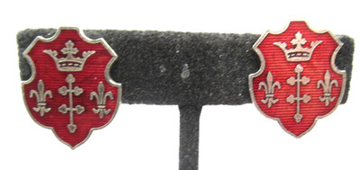 Red Enamel Crest Heraldic Shield Crown Fleur de Lis  Earrings Screw Back Vtg