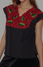 Mexican Artisanal Embroidered Red Rose Floral Tunic Short Sleeve Boho Sz Medium