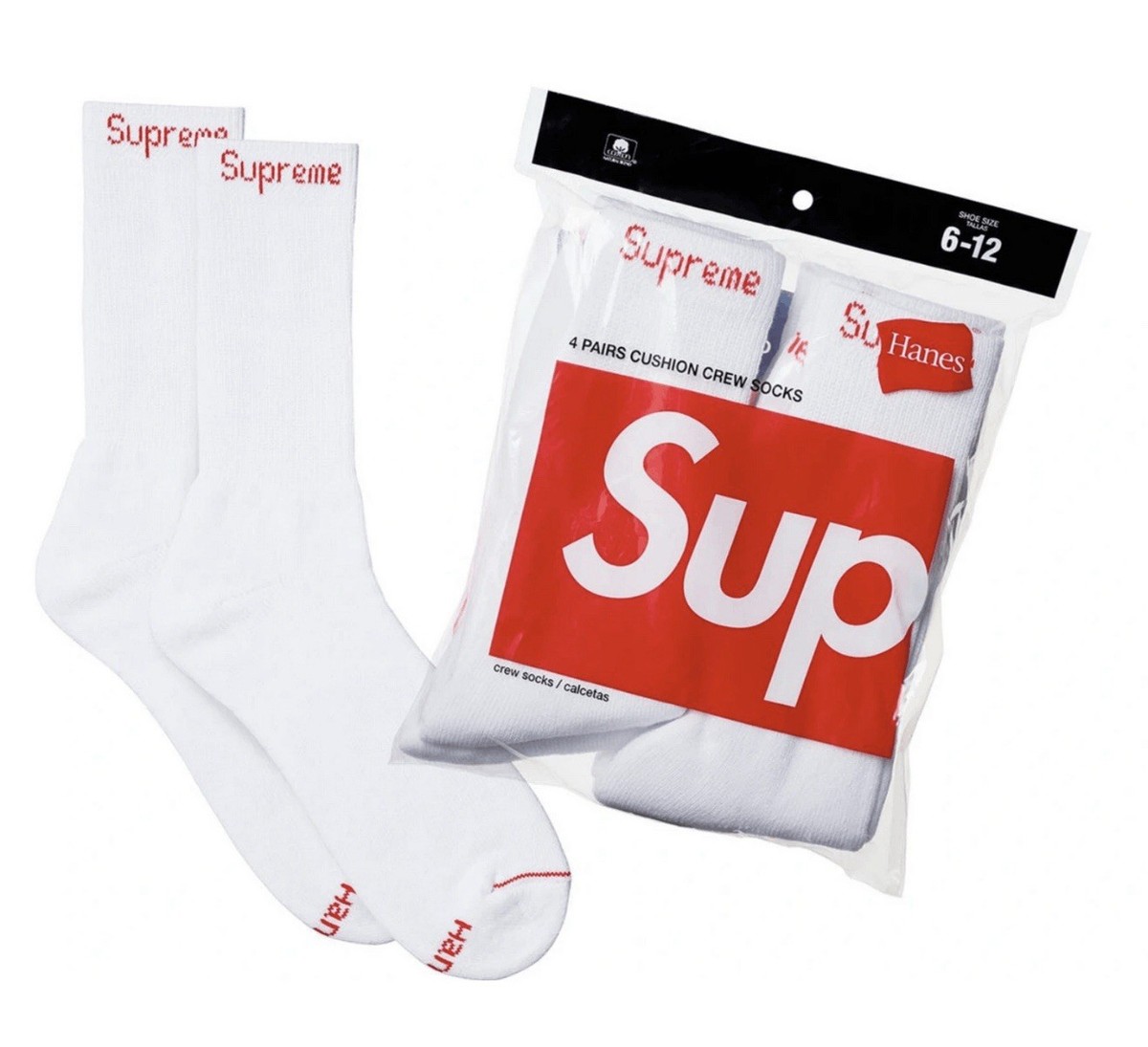 Supreme Hanes Crew Socks (4 Pack) WHITE Size 6-12 FW21 Brand