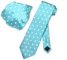 Vesuvio Napoli TURQUOISE BLUE with WHITE Polka Dots NeckTie Handkerchief Tie Set