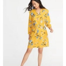 Old Navy Yellow Floral Tie Waist Dress L Long Sleeve Cottagecore Boho Midi Boho