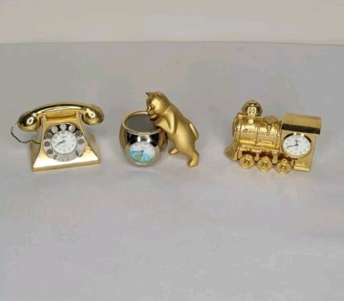 LOT x 3 Vintage Mini Brass Clocks! Timex Elgin - Telephone, Train ,Cat Fishbowl