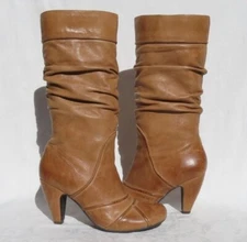 Crown Vintage US 9.5 Burnished Tan Brown Leather Slouchy Tall Knee Boots Heels