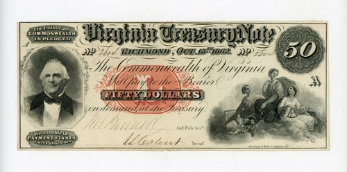 1862 Cr.7 $50 VIRGINIA Treasury Note - CIVIL WAR Era - Picture 1 of 3