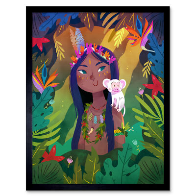 Jungle Girl Flowers Monkey Framed Wall Art Print 9x7