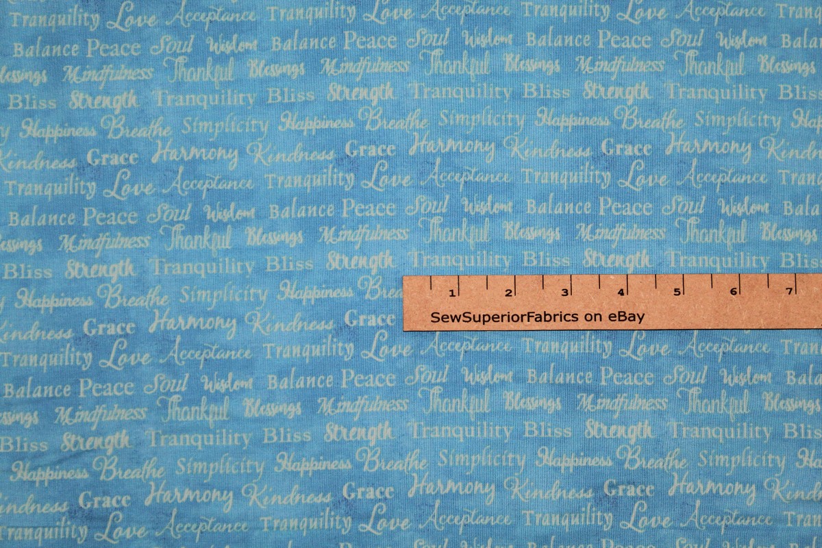 Good Vibes Positive Words Aqua Blue Blessing Peace Fabric 1/2 Yard