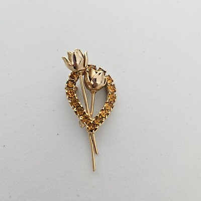 costume brooch Flower Pin Tulip Amber Gold Tone Rhinestones 