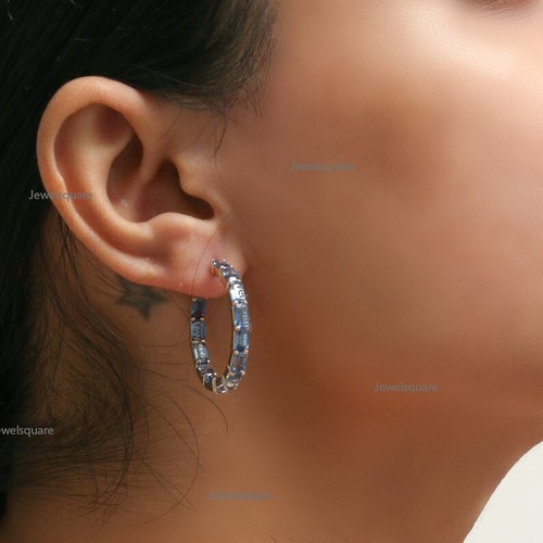 Emerald Cut Blue Sapphire 14k Gold Inside Outside Hoops Earrings Wedding Jewelry - Picture 6 of 8