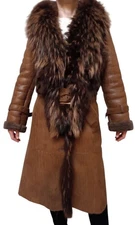 Women’s brown Shearling Leather winter Coat with Real Fur Belted Vintage style