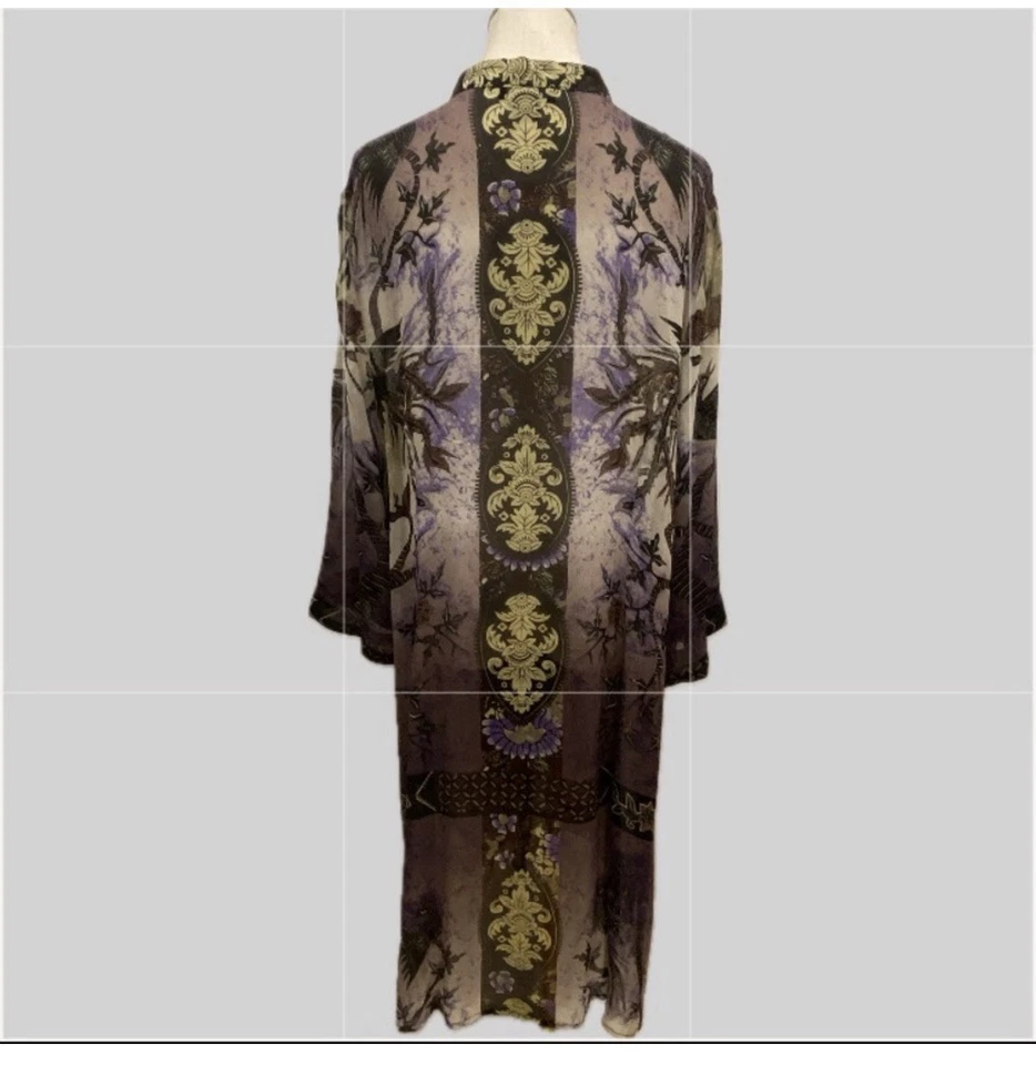 Kimono túnica arte floral y pájaros 100 % seda Citron Santa Monica nuevo sin etiquetas 1X Foto 2 de 4