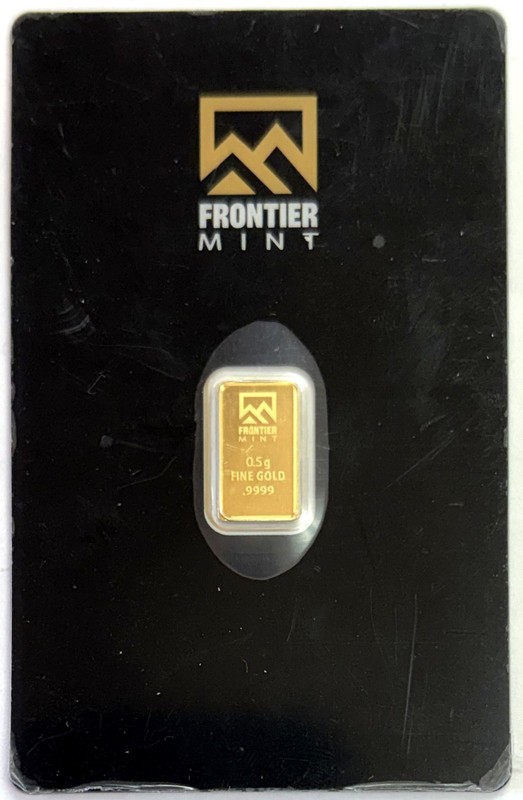 FRONTIER MINT GOLD 0.5 GRAM .9999 FINE SEALED 1/2 GRAM BAR IN ASSAY CARD