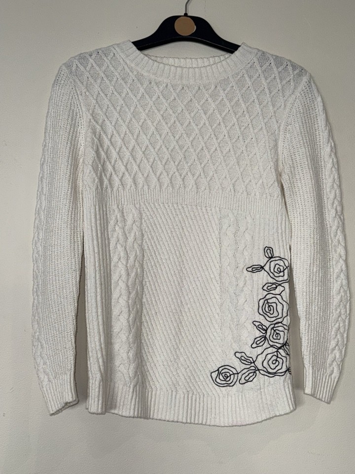 W Lane Womens White Solid Cable Knit Crew Neck Jumper Pullover Long Sleeve