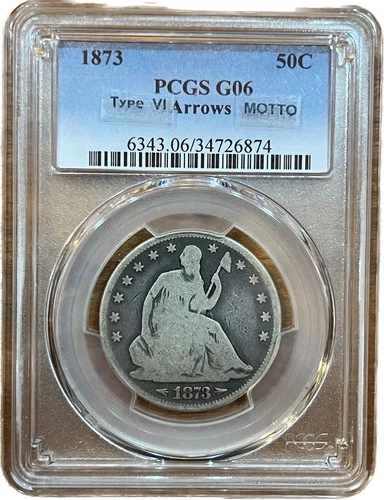 1873 50C Liberty Seated 1/2 Dollar PCGS G6 Key PROBLEM FREE US Silver Type Coin