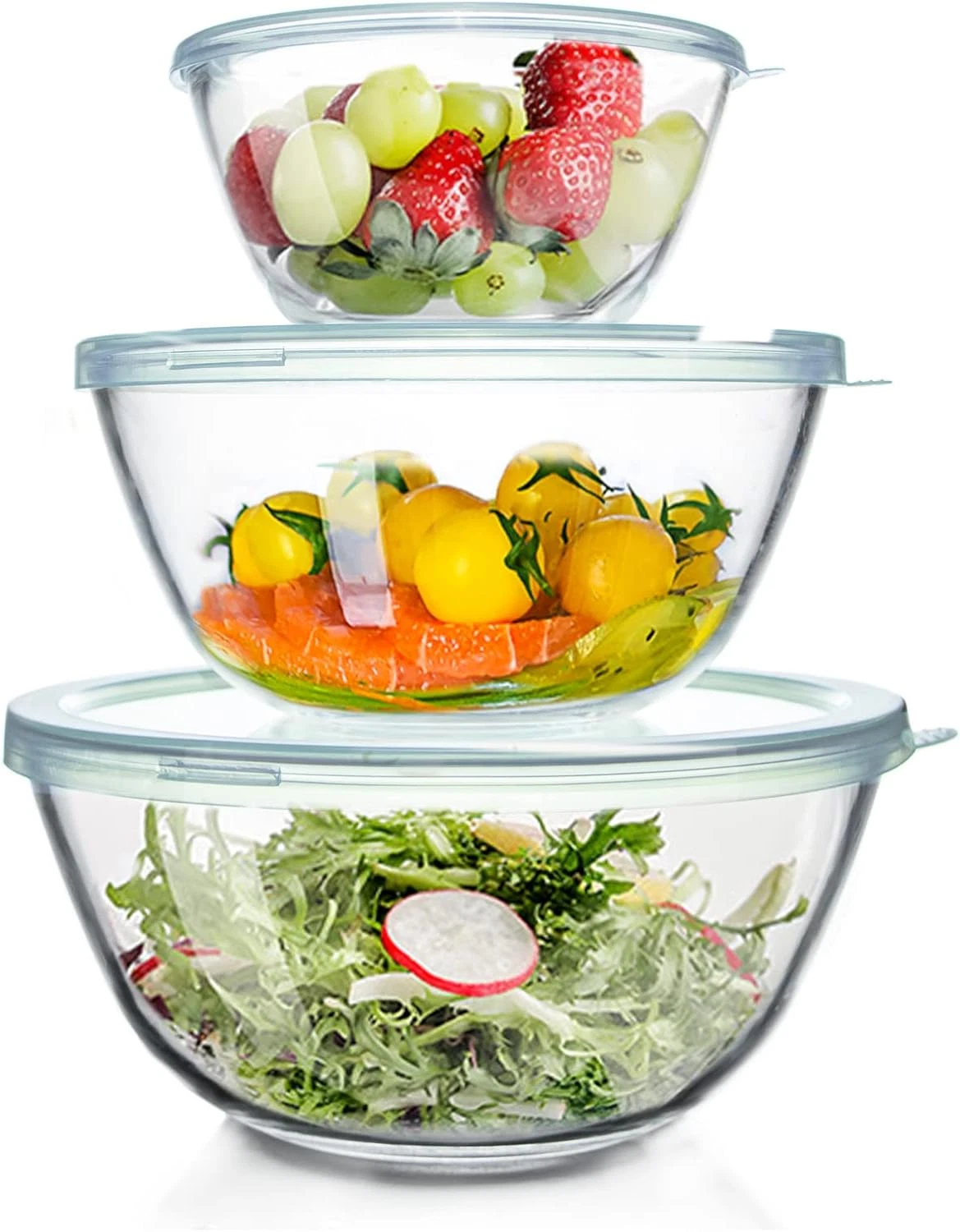 Glass Mixing Bowls Glass Bowls with Lids Set(4.5Qt,2.7Qt, 1.1Qt),Large Salad Bow