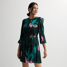 Nine West Dress Petite XS Green Mini Women's Floral Ruffle Sleeve Lurex NWT