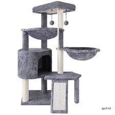 Grey Multi-Level Cat Tree 37.4" Tall Scratching Posts 2 Hammocks Indoor Condo