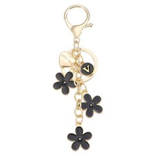 Initial Letter Keychain with Love You Heart, Flower Keychain, Alphabet V Black 